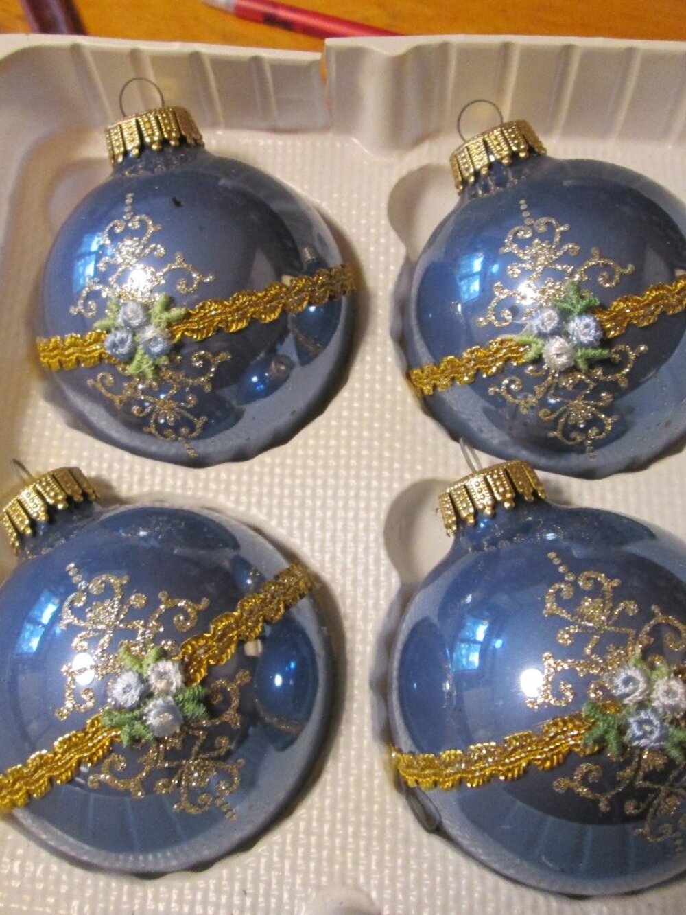victorian krebs satin ribbon glitter blown glass ornaments in box lot of 4 blue
